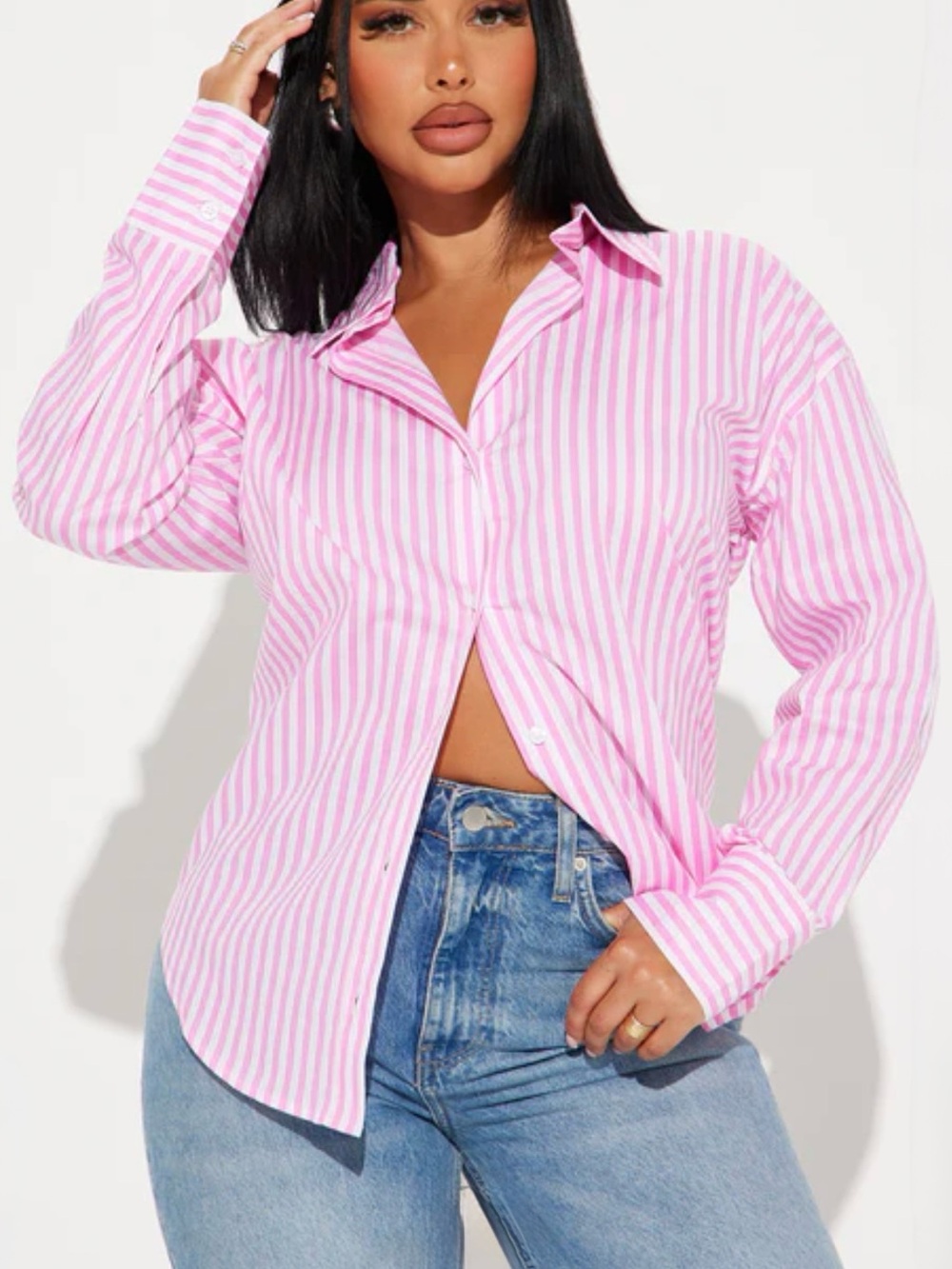 Fashion Nova Pink & White Striped Button-Up Shirt size M
